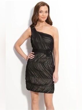 Max And Cleo Sandrine One Shoulder Black Sheer Overlay Chiffon Dress, Size 6